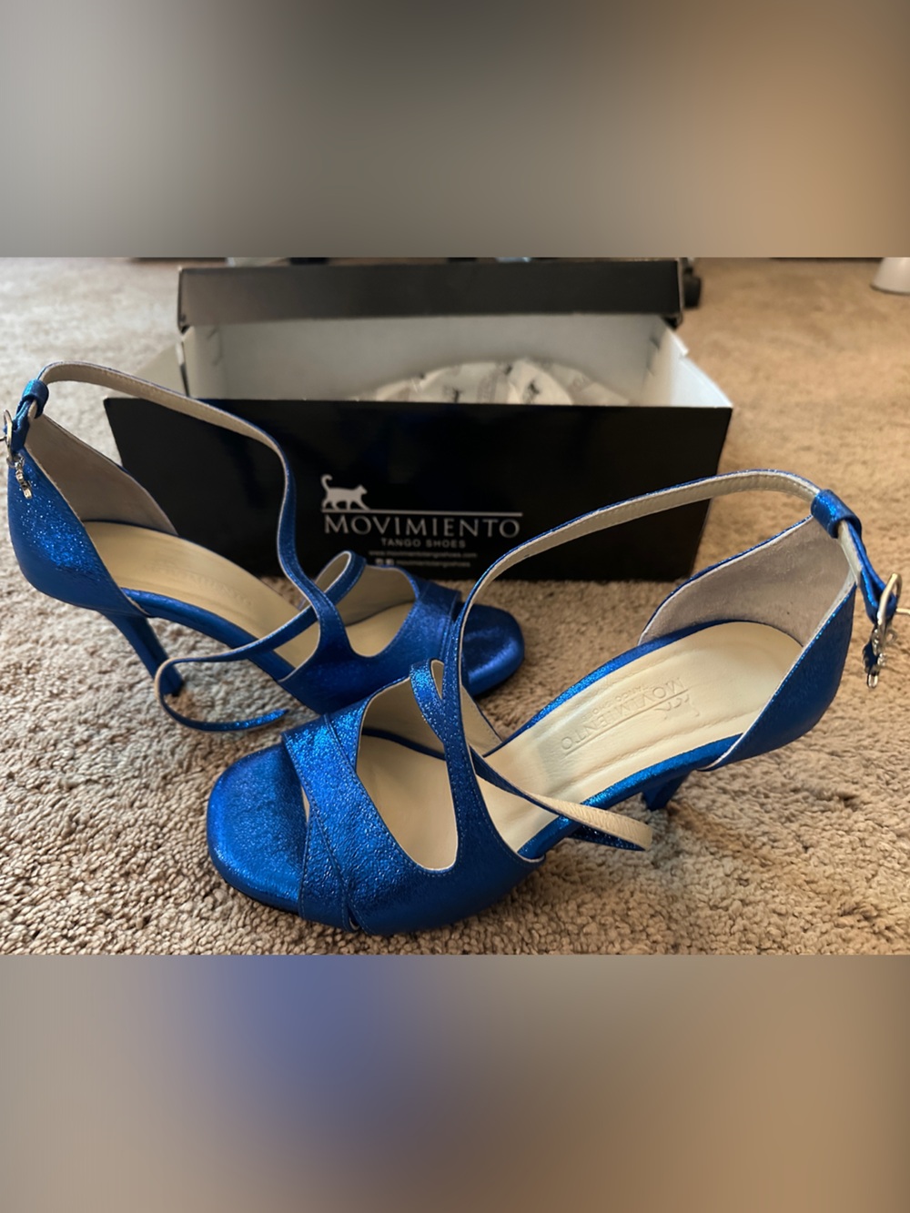 Nina Metallic Blue Satin T-Strap Heels